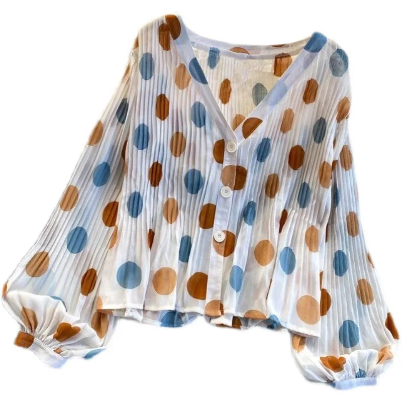 2025 модные женские повседневные модные плиссированные однобортные свободные шифоновые рубашки с v-образным вырезом и длинными рукавами-фонариками, женская одежда, топы