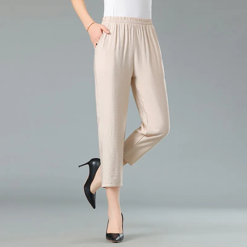 2023 New Women's Pants Cotton Linen Solid High Waist Casual Pants Women's Feet Pants Straight Leg Pants 5XL