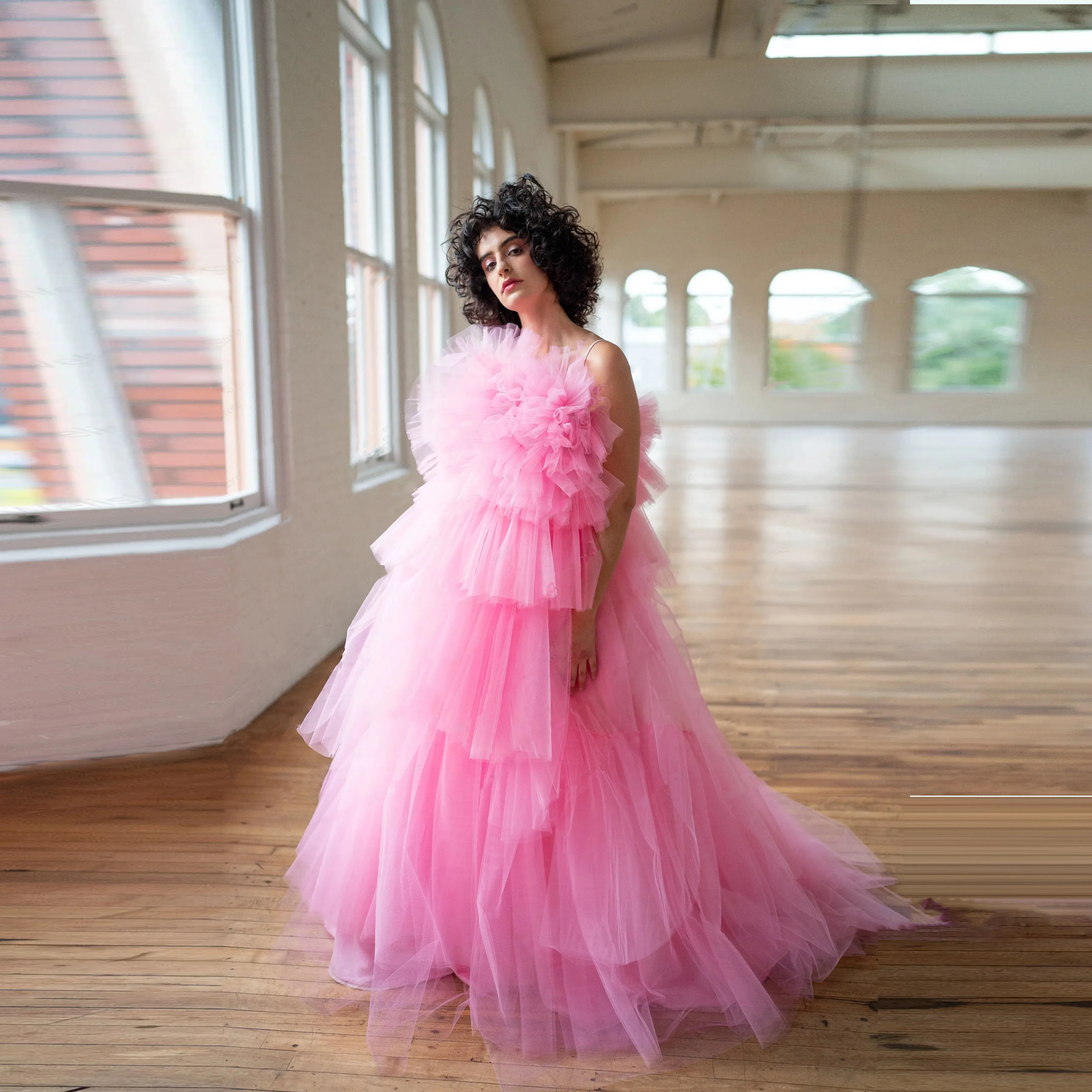 

Sweet Pink Women Dresses Puffy Long Formal Party Dress Off The Shoulder Full Length Layered Ruffle Prom Gowns Custom Made