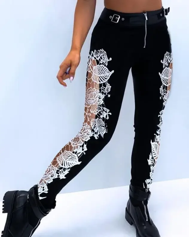 Summer Women's Pants 2023 Fashion Versatile Casual Eyelet Buckled Sheer Mesh Patchwork Zipper Design Trousers Autumn New Clothes