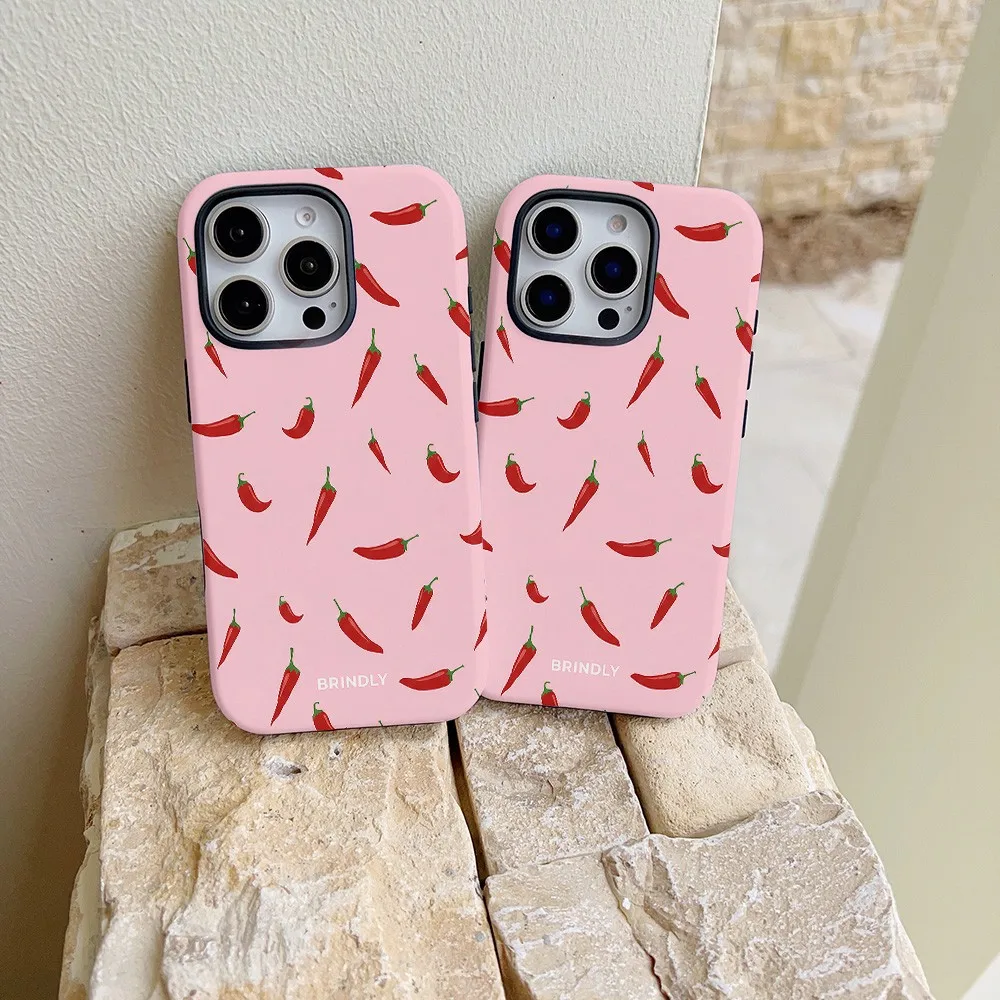 Pink Base Chili Print Phone Case for Samsung Galaxy S22 S23 S24 S25 S26 FE Plus Ultra Edge 4G 5G Luxury Double-layer