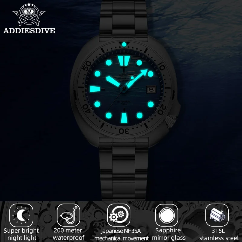 ADDIESDIVE Luminous Automatic Watches for Men NH35 Sapphire Sea Dial Blue Mechanical Watch Stainless Steel Waterproof Dive Watch