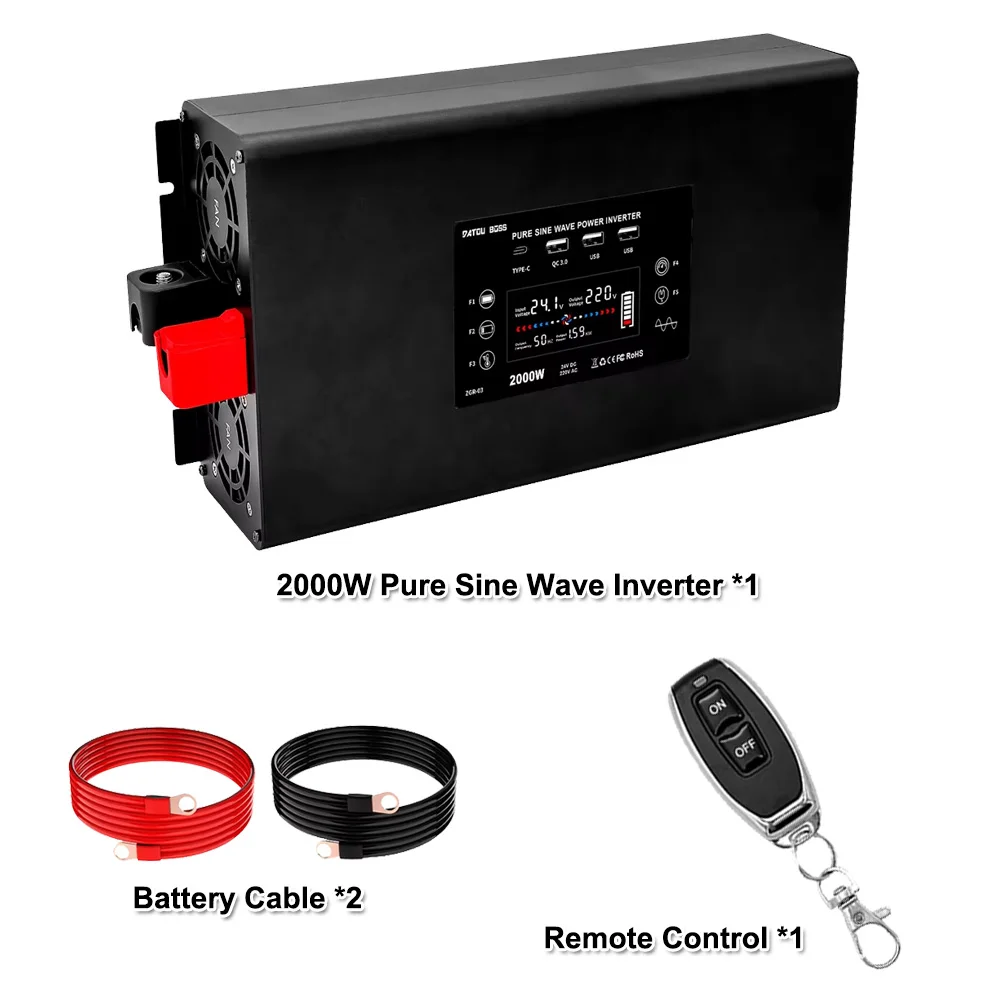 DATOUBOSS 2000W Zuivere Sinus Inverter 12V/24V naar 230V 50Hz Draagbare Auto Spanningsomvormer RV Huishoudelijke Stroomomvormer USB AC Aansluiting LCD CE Veiligheid EU Voorraad