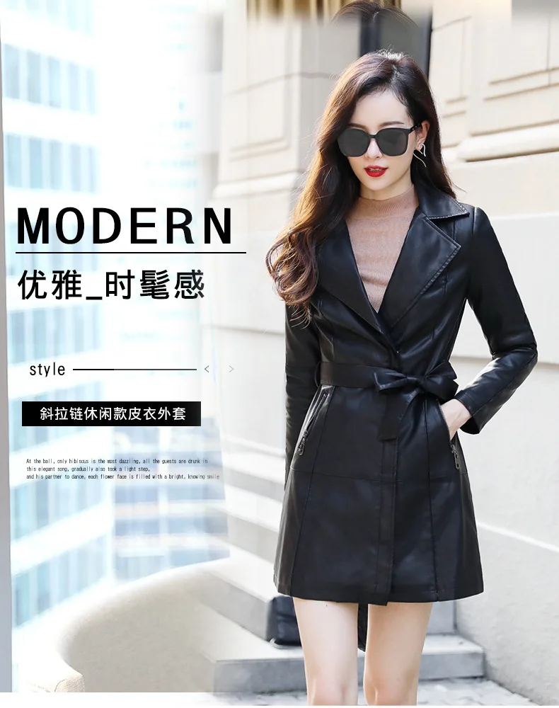 2024  Spring and Autumn New Fashion Slim Fit Women\'s Versatile Leather Coat Mid length Suit Collar Cotton Sheepskin Windbreaker