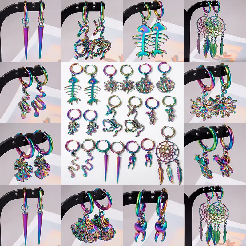 1/10pair Multistyle Rainbow Ear Jewelry Stainless Steel Hoops Fashion Alloy Snake Sun Dream Catcher Charm Earrings For Women Men
