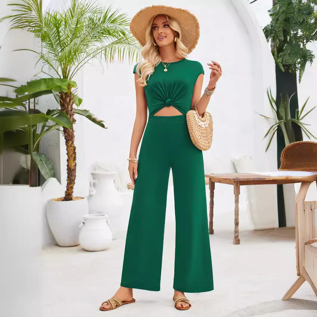 Solid Color Summer Jumpsuits for Women Fashion Round Neck Short Sleeve Rompers Woman Playsuits Elegant Party Overall Streetwear