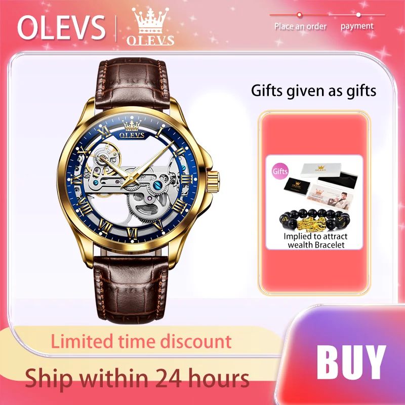 OLEVS Luxury Men\'s Watches Original Waterproof Fully Automatic Mechanical Watch Brand Transparent Dial Luminous Leather Strap