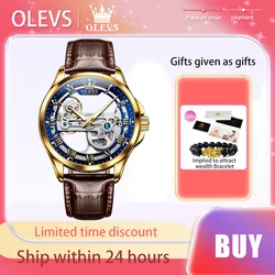 OLEVS Luxury Men's Watches Original Waterproof Fully Automatic Mechanical Watch Brand Transparent Dial Luminous Leather Strap