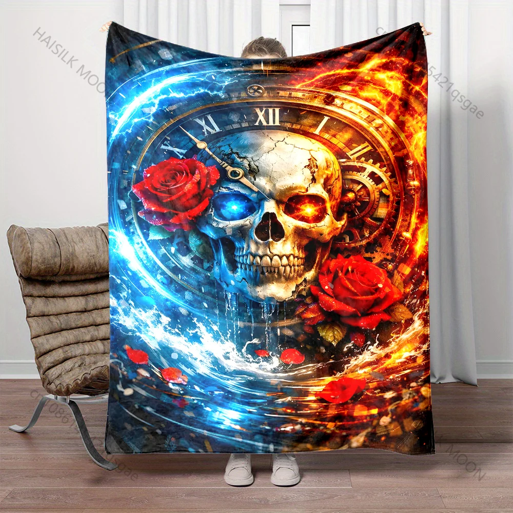 Fire and water clock with flowers Print Adult Children Warm Blankets Home Travel Car Soft Comfortable Suitable for all seasons