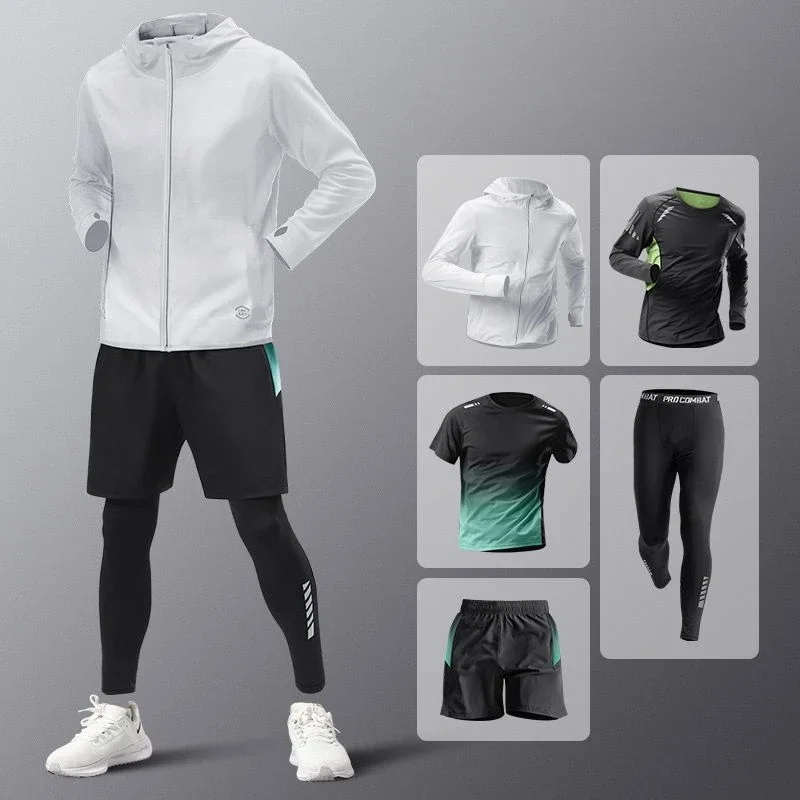 5pcs Men's Lightweight Spring Summer Ice Silk Athletic Set Quick-Dry Running Clothes Outdoor Cycling Fitness Men Sportswear Set