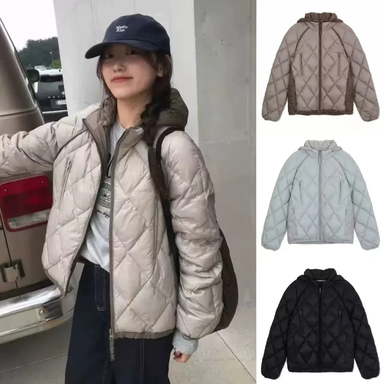 

Warmth Lightweight Quilted Hooded Patchwork Du down Jaet Mainkim Ning Art Casual Loose Fit White Du Feather Women's Coat