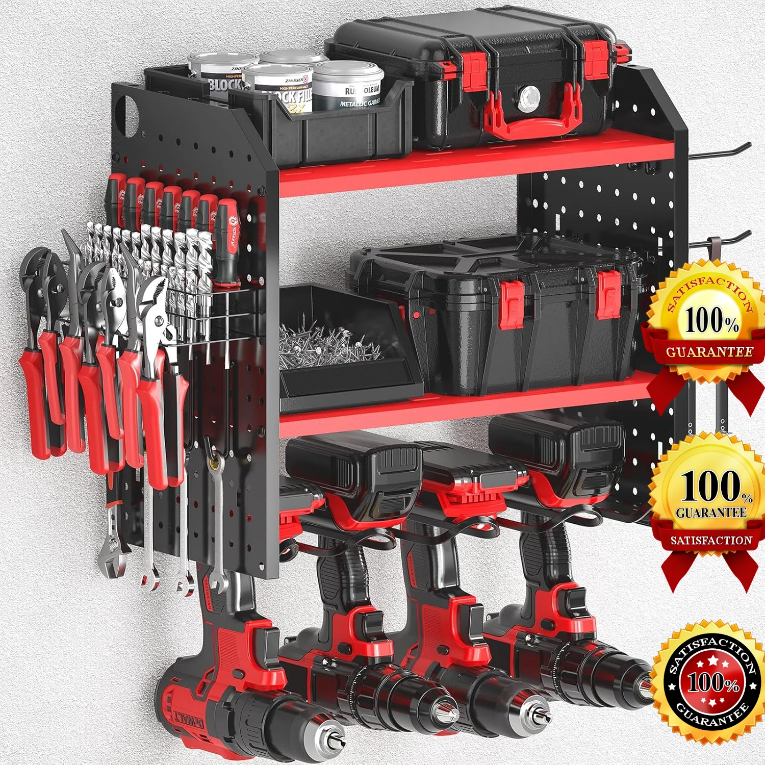 Power Tool Organizer for Tool Storage, Drill Holder Wall Mount W/2 Side Pegboards, w/ 12 Hooks, Tool Organizers Storage Rack