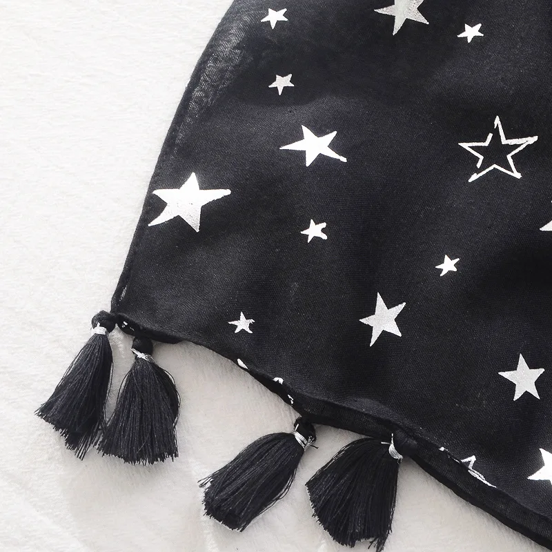 2024 New Fashion Lovlely Black Silver Star Tassel Viscose Shawl Scarf Lady High Quality Print Wrap Foulard Pashmina Muslim Hijab