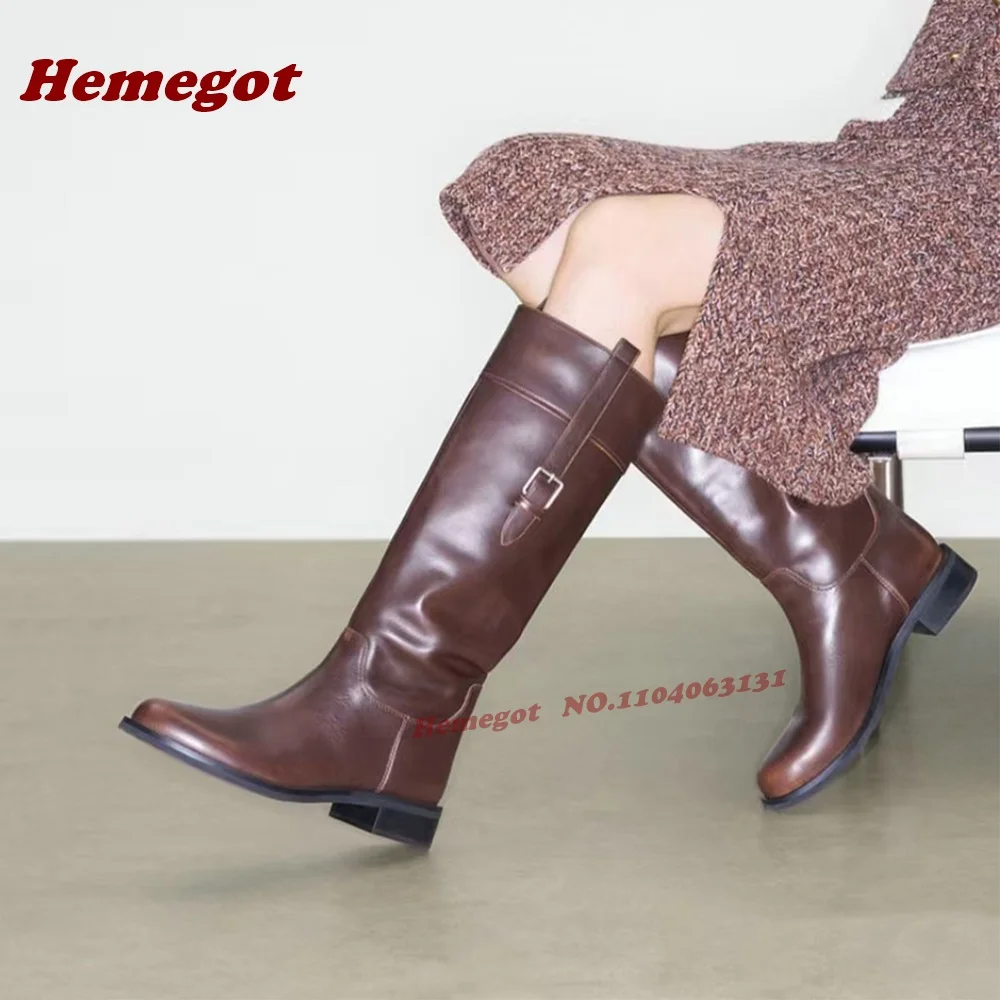

Genuine Leather Patchwork Block Heels Knee High Boots Buckled Round Toe Splicing Low Heels Women's Long Boots Runway Luxury Shoe