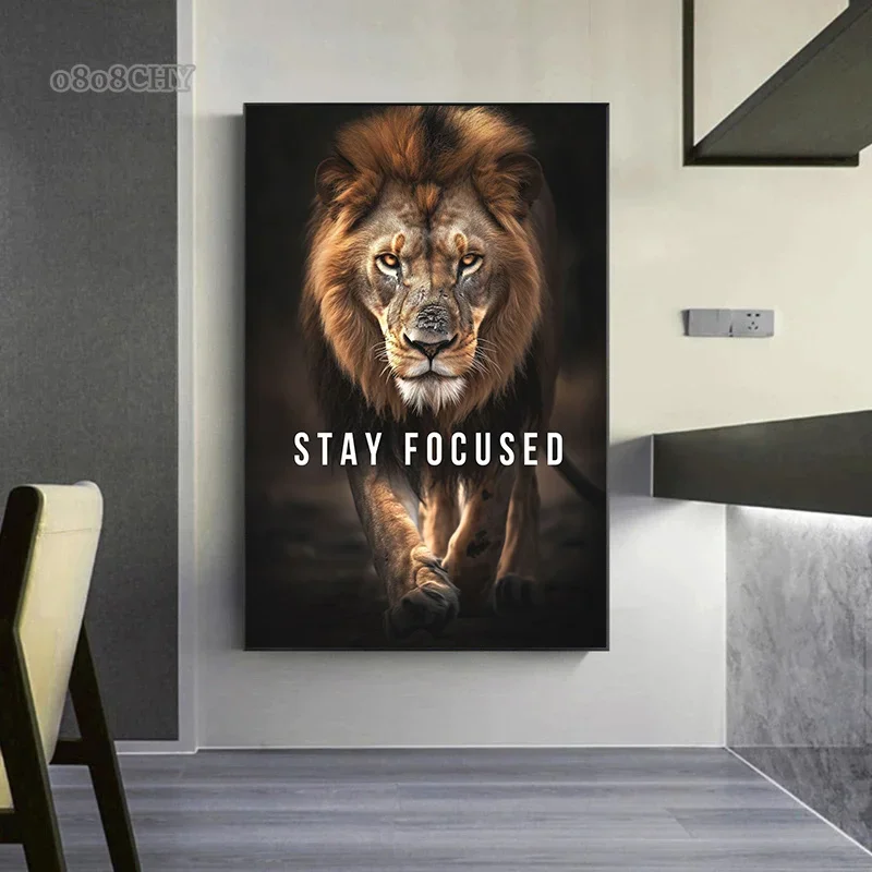 Motivational Qoutes Stay Focused Wolf Lion Posters Canvas Wall Art Decor Paintings Modern Motivational Home Room Decor Poster