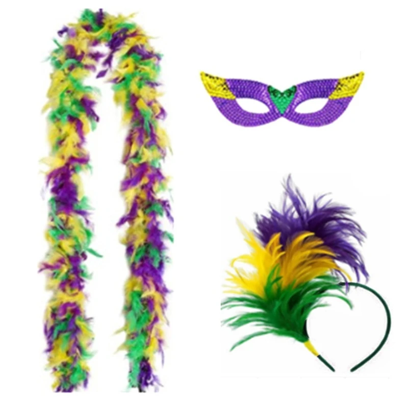 Mardi Gras Costume Accessory Set Mardi Gras Tricolor Eyemask Feathers Headband Neckerchief for Womens Girls Cosplay Gift