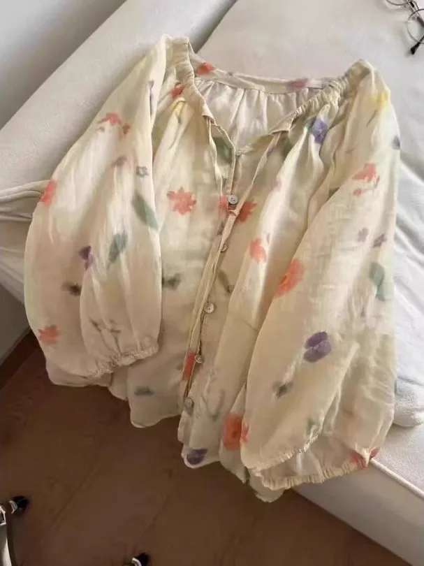 

Новая летняя женская повседневная тонкая блузка с цветочным принтом и воротником-стойкой, больших размеров, с защитой от солнца, для прямого силуэта