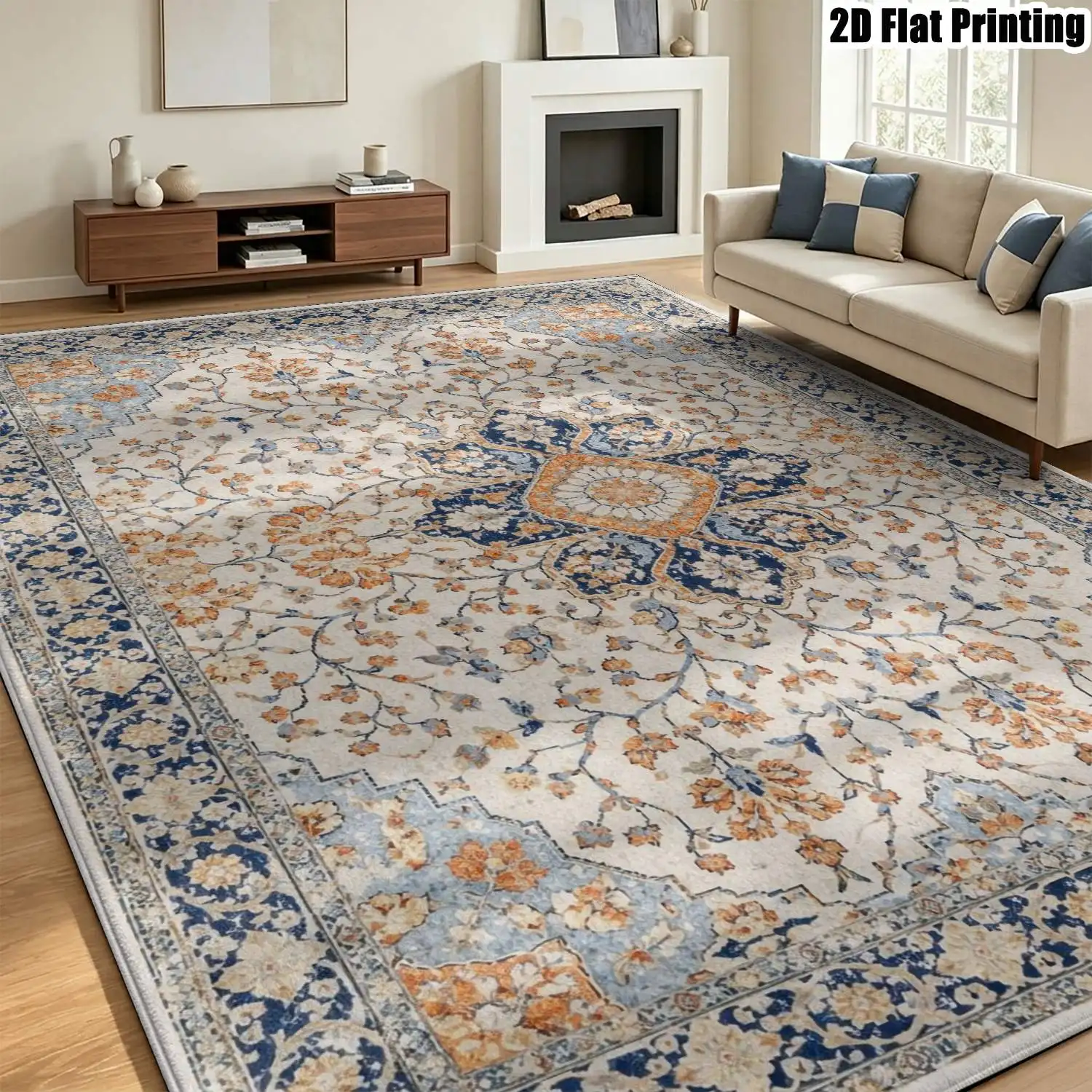 1Pc 2D Printed Carpet: Beige, Blue, Orange Floral & Geometric Patterns European, Vintage, Minimalist, Bohemian Styles, Multi-Size, Machine Washable, for Entrance, Dining, Foyer, Bedroom, Living Room.