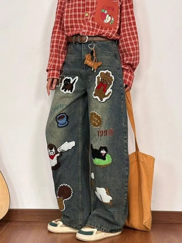 Washed Denim Pants American Fashion High-End Cartoon Embroidery Personality Casual Floor-Length Wide Leg Jeans Men Women