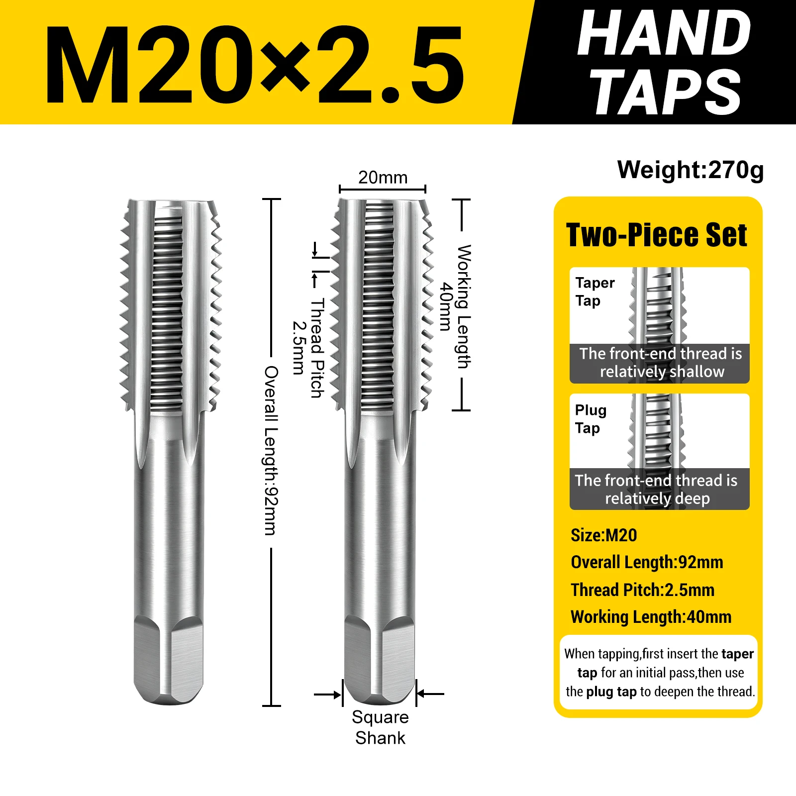 M3-M24 metrische handtaps, set van 2 stuks, conische plugtaps, HSS4241, taps met rechte snijgroef voor het maken van binnendraad in metaal, geschikt voor gelegeerd staal.