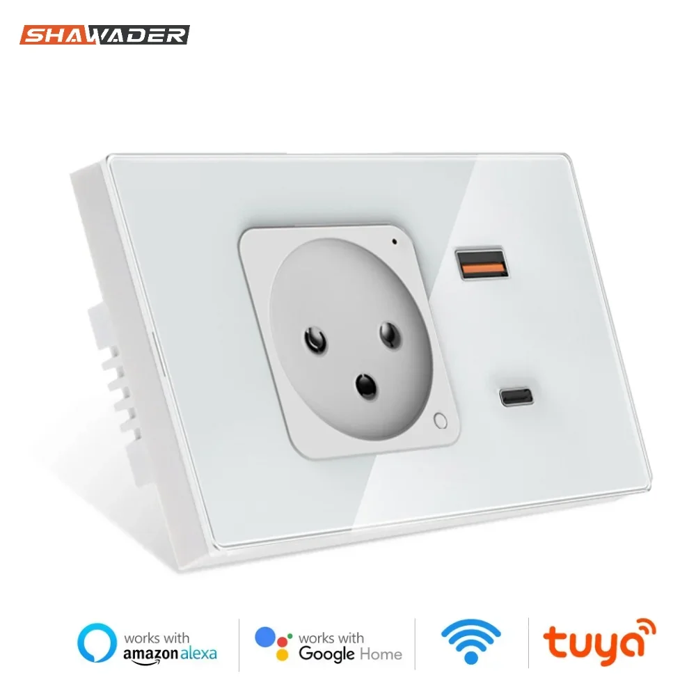 Shawader Tuya Israel Wall Socket USB Type-C PD 30W Charge Wifi Smart Plug Outlet Glass Panel Remote Control by Alexa Google Home