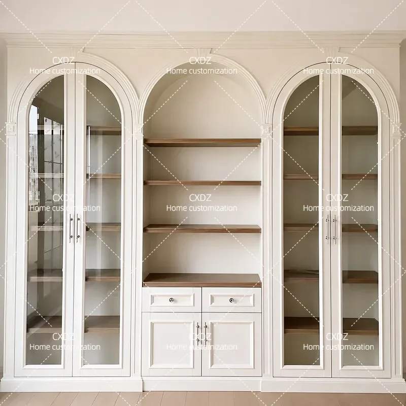 Retro Arched Bookcase Living Room Wall Mounted Solid Wood Display Cabinet Light Luxury Embedded Storage Shelf Home Decor