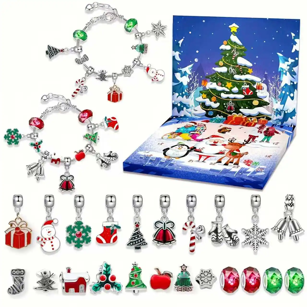 Creative Christmas 24-Day Countdown Calendar Box Set, Includes 22 Beads 2 Bracelets. DIY Bracelet Making Kit Accessories Gift