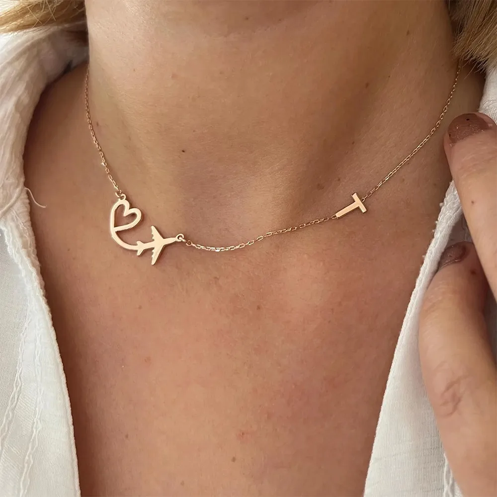 Personalized Heart Airplane Initial Pendant Necklace For Women Custom Letter Stainless Steel Jewelry Mama Birthday Christmas view 5