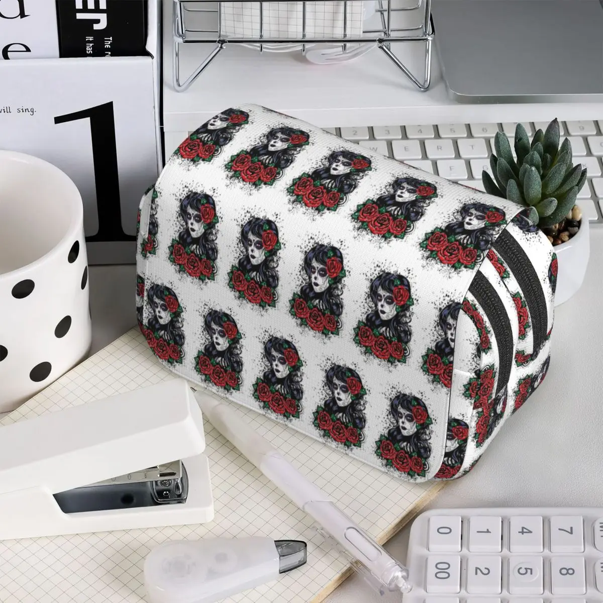 Estuche para lápices con diseño de calavera de azúcar del Día de Muertos, estilo Catrina mexicana, para niños y niñas, caja para lápices, bolsa para lápices, suministros de papelería, bolsa para guardar bolígrafos