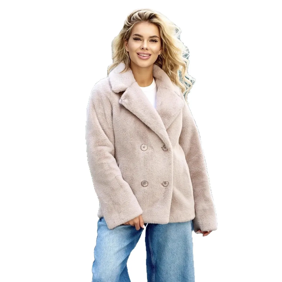 

Environmentally friendly wool coat European and American imitation mink fur plush jacket solid color autumn and winter belt