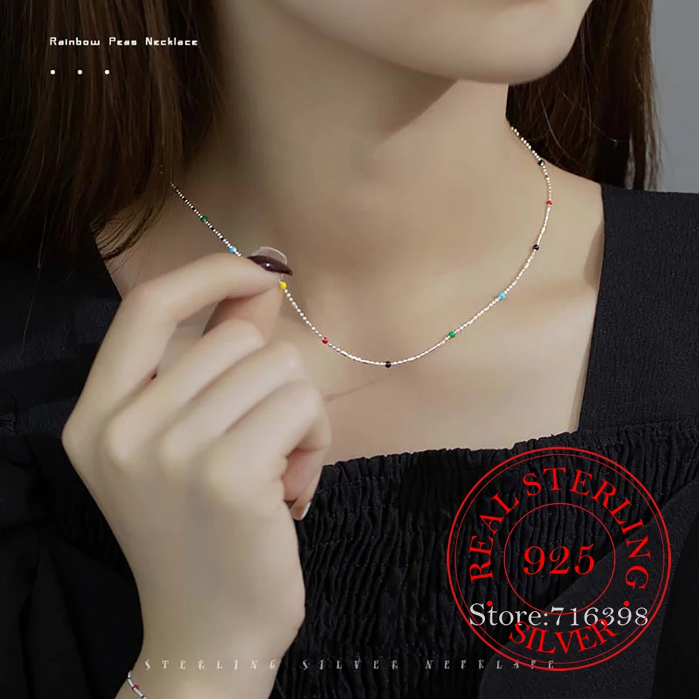 Czyste 925 srebro tęczowy łańcuszek z fasoli naszyjniki dla kobiet dziewczynki srebro 925 kobiece Chokers biżuteria Collares para mujer — zdjęcie 3