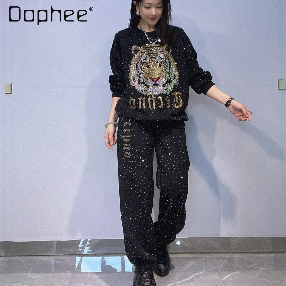 

Повседневный свободный комплект свитшотов с длинными рукавами и круглым вырезом со стразами и головой тигра, женская осенняя спортивная одежда, комплекты из двух предметов: топ и брюки