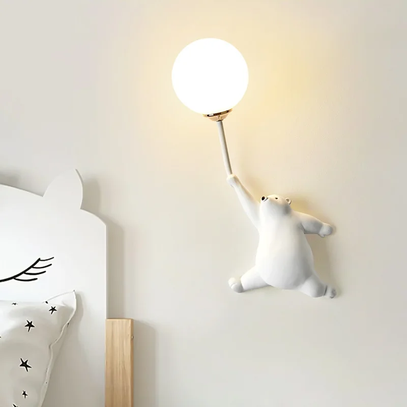 Nordic Cartoon Polar Bear LED Creative Wall Lamp Lighting Murale Family Theme Hotel Kid Children Bedroom Bedside Entryway Sconce