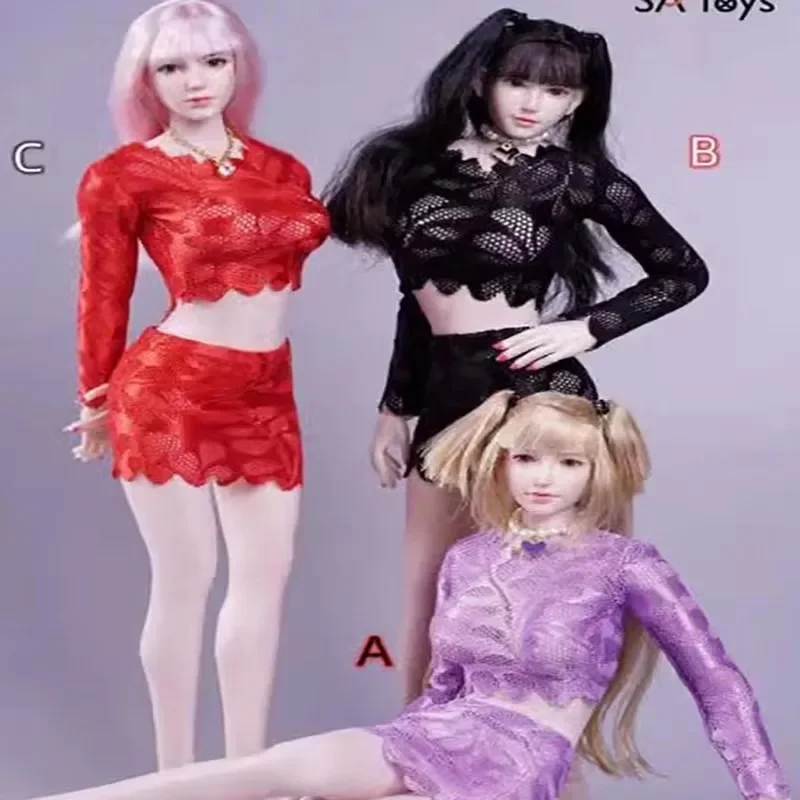 

1/6 Female Sexy Lace Hip Skirt Suit Hollow Long Sleeves W/ Short Skirt Clothes Model for 12" Figure Body Doll Accessory Toy
