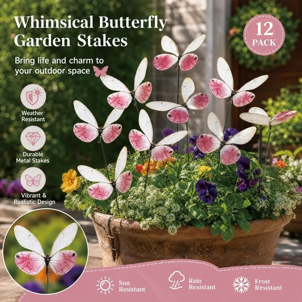 12PCS Multicolor Butterfly Garden Stakes 3D Butterfly Landscape Decoration Butterfly Lawn Ornament Photo Props Indoor Outdoor