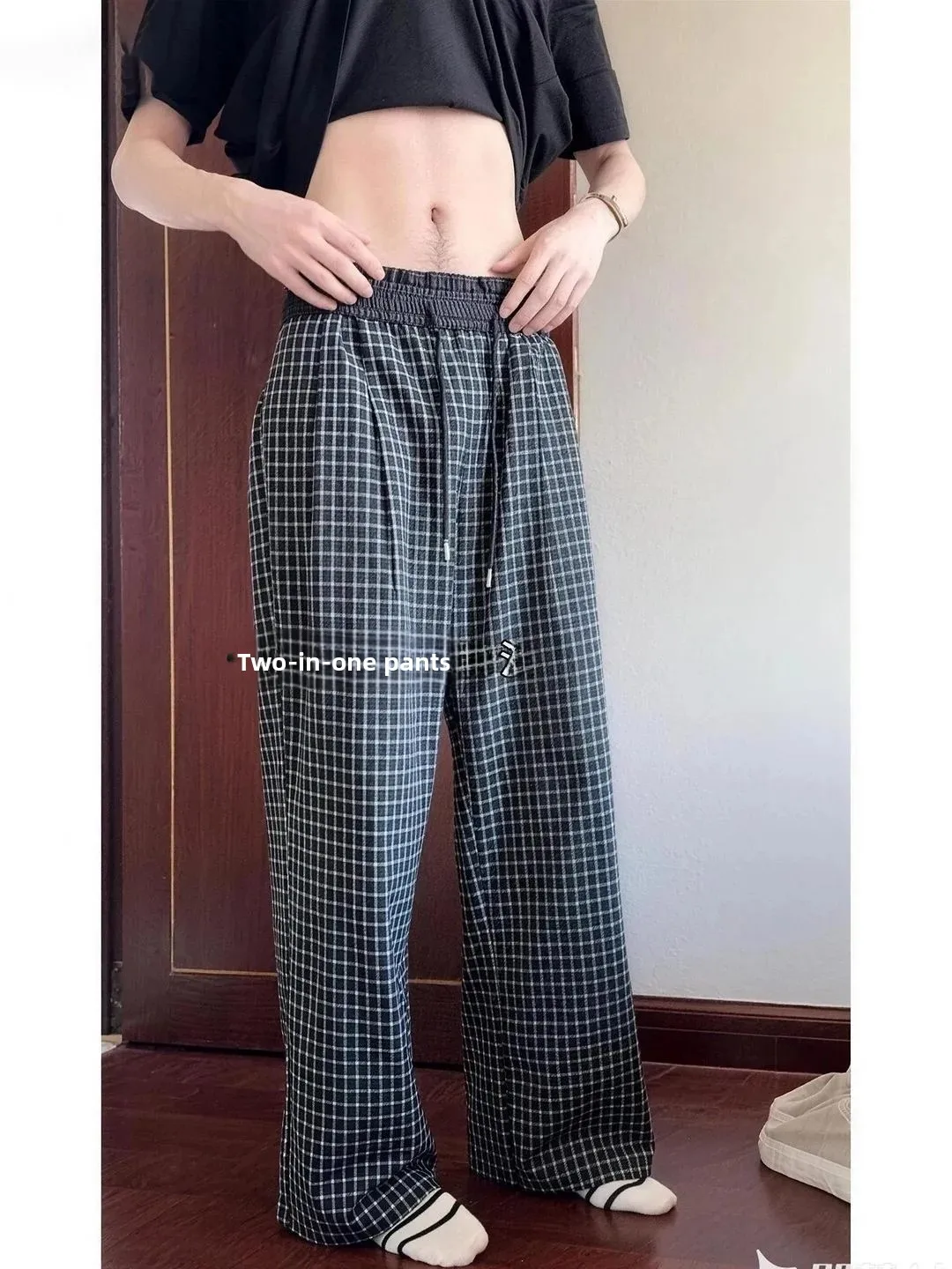 Black Plaid Ice Silk Quick Dry Casual Pants Men's Loose Bubble Cloth Waist Elastic Loose Long Knives Casual Pants