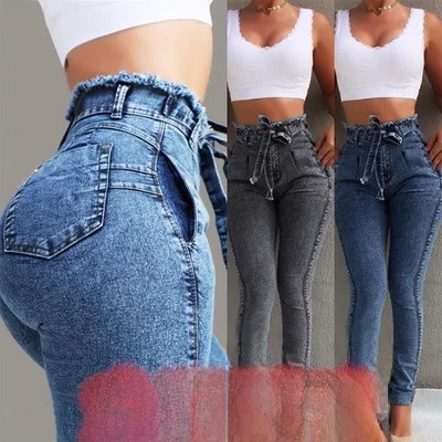 Slim Fit Women's Denim Jeans Elastic Waist Belt High Waist Jeans Women's Fashion Cross-Border Wish eBay Deep Blue Folded