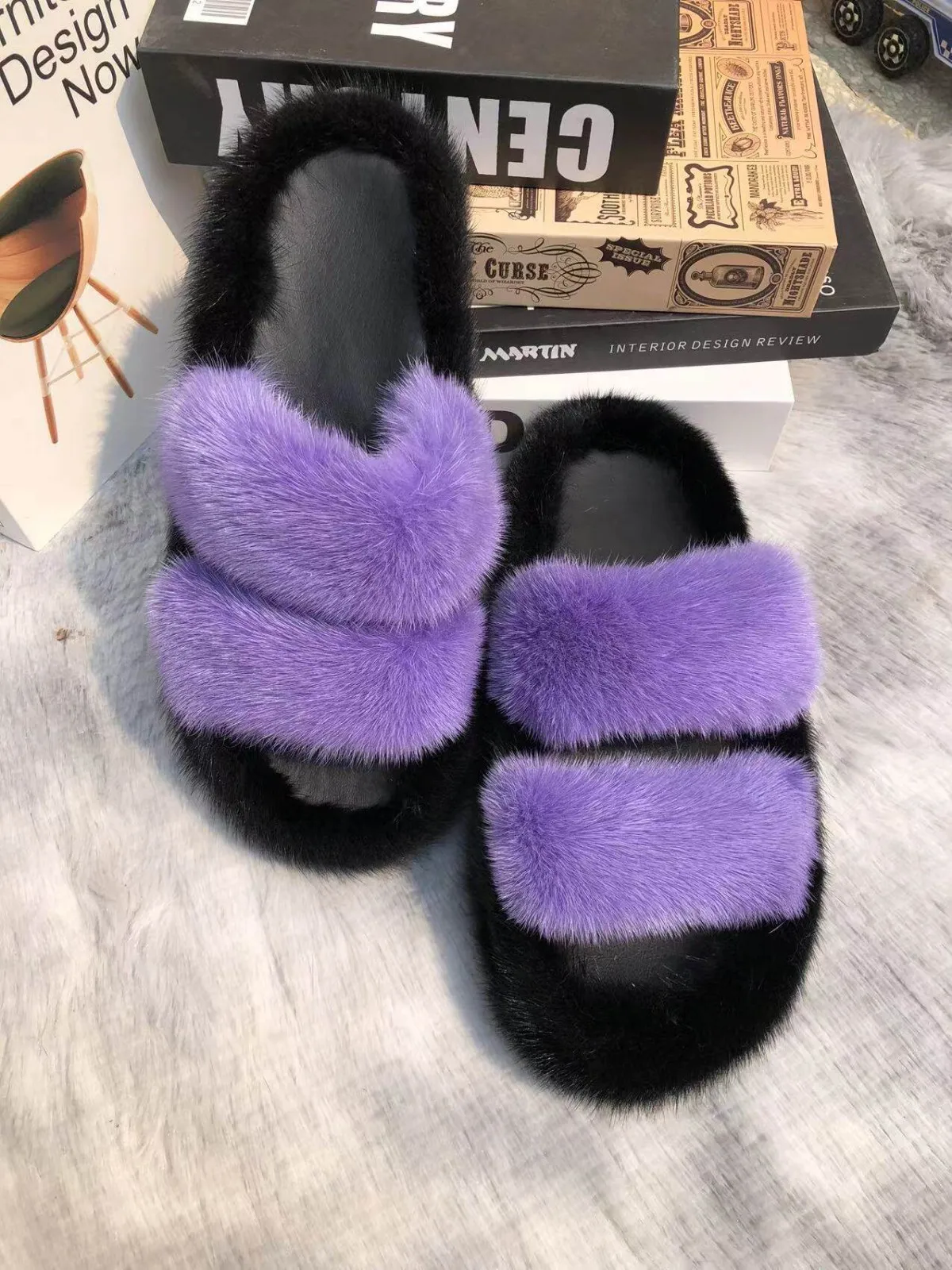 Trendige Plüsch-Hausschuhe für Damen, Echtfell-Nerz-Flauschige Pantoffeln, Warme Winter-Fellsandalen für Damen, Weiche Indoor-Damenschuhe – Detail 7