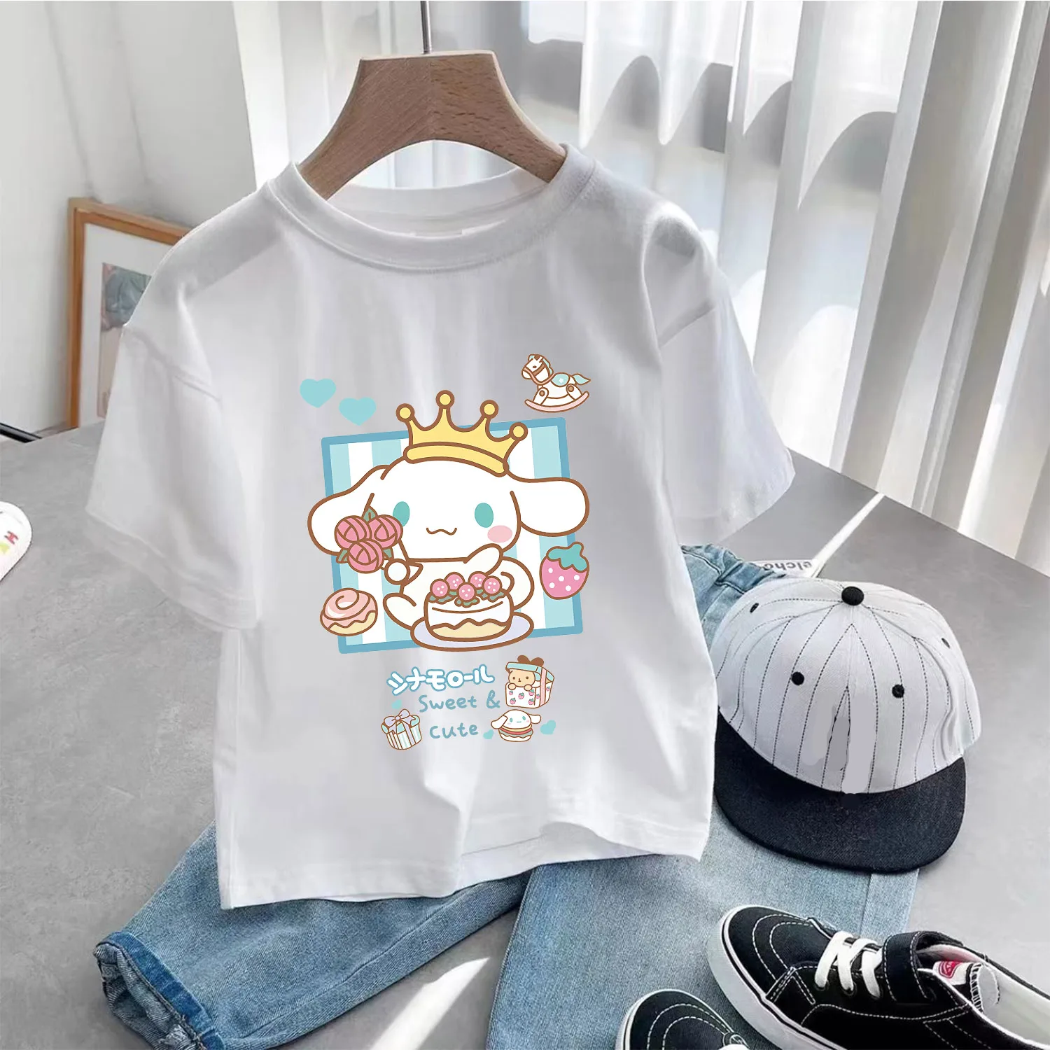 Cinnamoroll T-shirt for Children Cute Sanrio Cartoon Clothes Fashion Anime Print White Clothing Girls Top Kids Summer Tee Gift