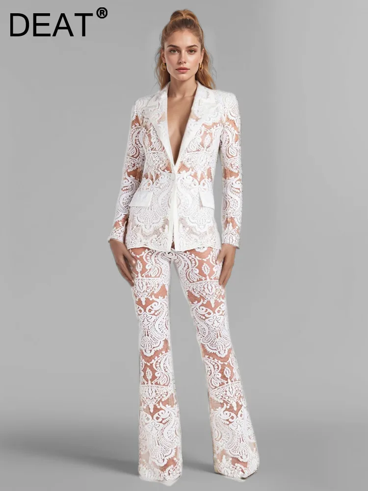 DEAT Fashion Set da 2 pezzi da donna con bottone singolo dentellato scava fuori i pantaloni a vita alta con paillettes a tutta lunghezza vestito