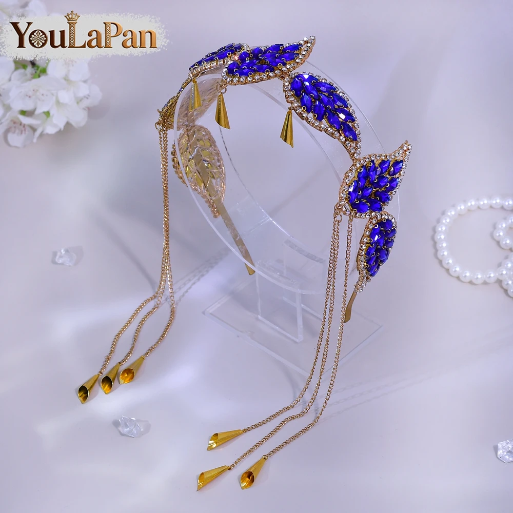 YouLaPan Luxury Green Color Rhinestone Leaf Bride Headband Golden Color Metal Tassel Hair Hoop Wedding Hair Accessories A365 image 5