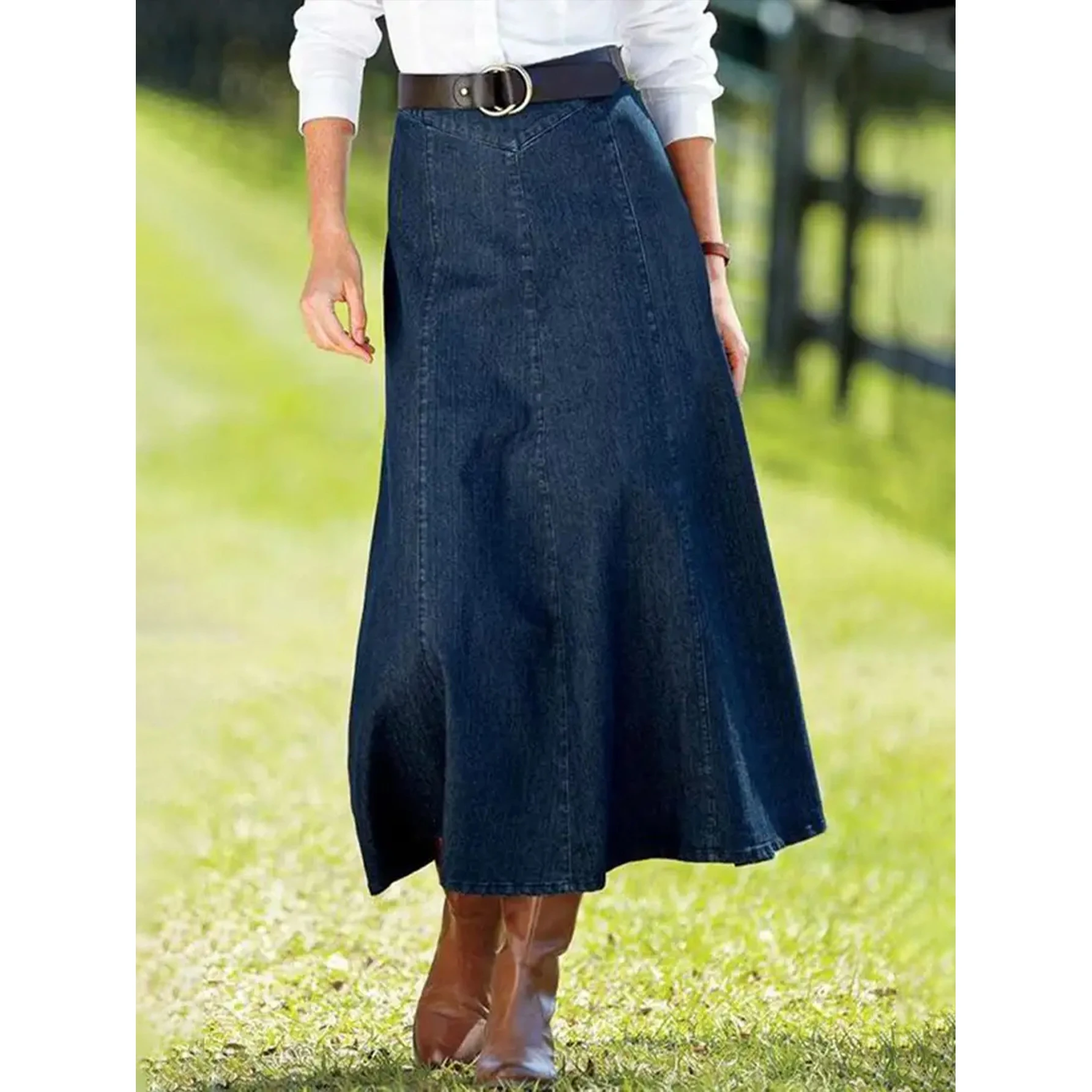 Deep Blue Midi A-Line Denim Skirt Casual Style Half-length Skirts Independent Station Cross-border Long Skirts Women's Fashion