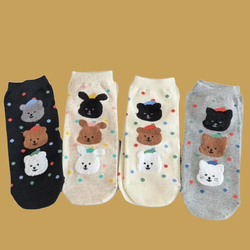 4/8 Paris Fashion Cute Cartoon Student Socks Flocked Bear Polka Dot Socks For Women Spring And Summer Thin Boat Socks