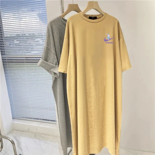 플러스 사이즈 여성 의류 순면 티셔츠 원피스 원피스 스커트 여름 옷 짧은 소매 무릎 원피스 통통녀 슬리밍 긴 원피스