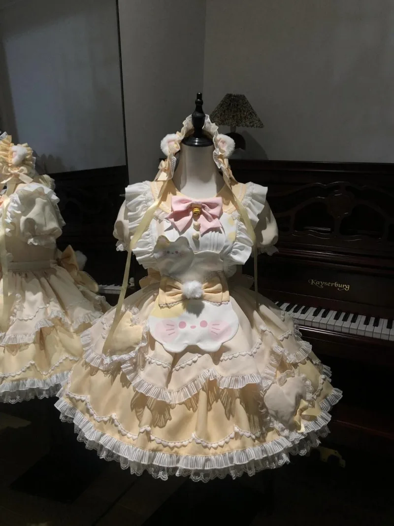 

Sweet and Cute New Lace Cat Dress Bow Strap Apron Shrink Waist and Look Thin Lolita Skirt Sets Kawaii Womens Two Peice Sets