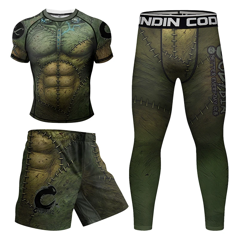 グリーンムセルコンバット MMA ファイトウェアボクシングセット圧縮男性スポーツ Tシャツ + パンツラッシュガード柔術 Bjj ラッシュガードキックボクシングセット