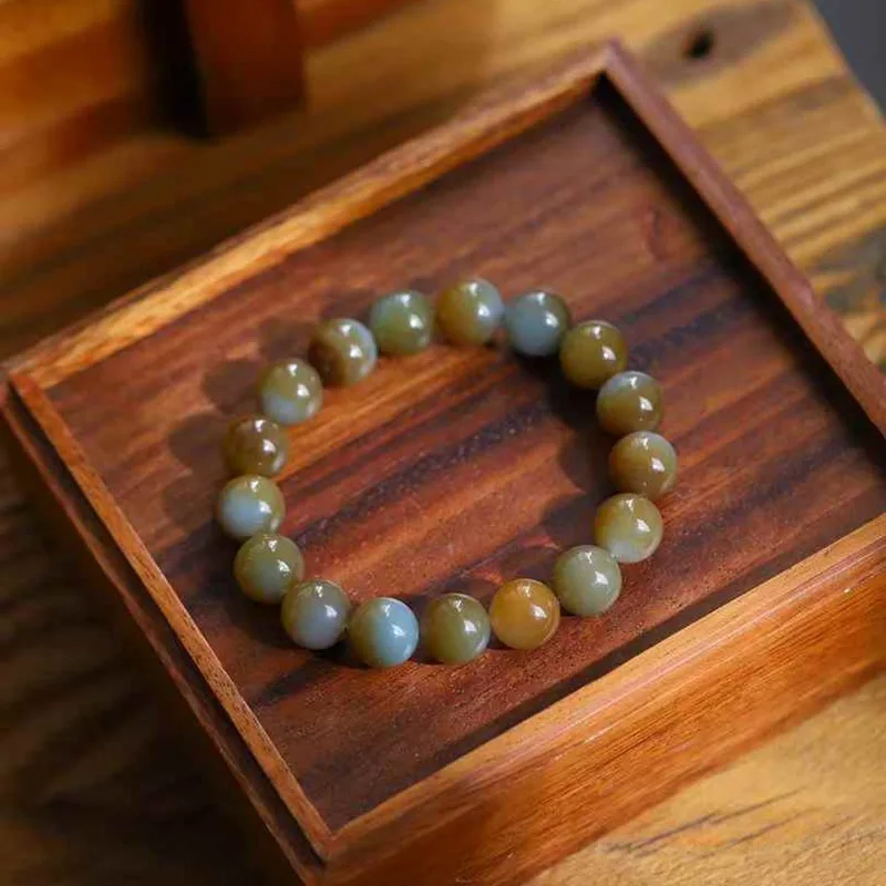 Natural Hetian Qie Mo Old Material Floating Sugar Color Bead Round Jade Smooth Bracelet With Certificate
