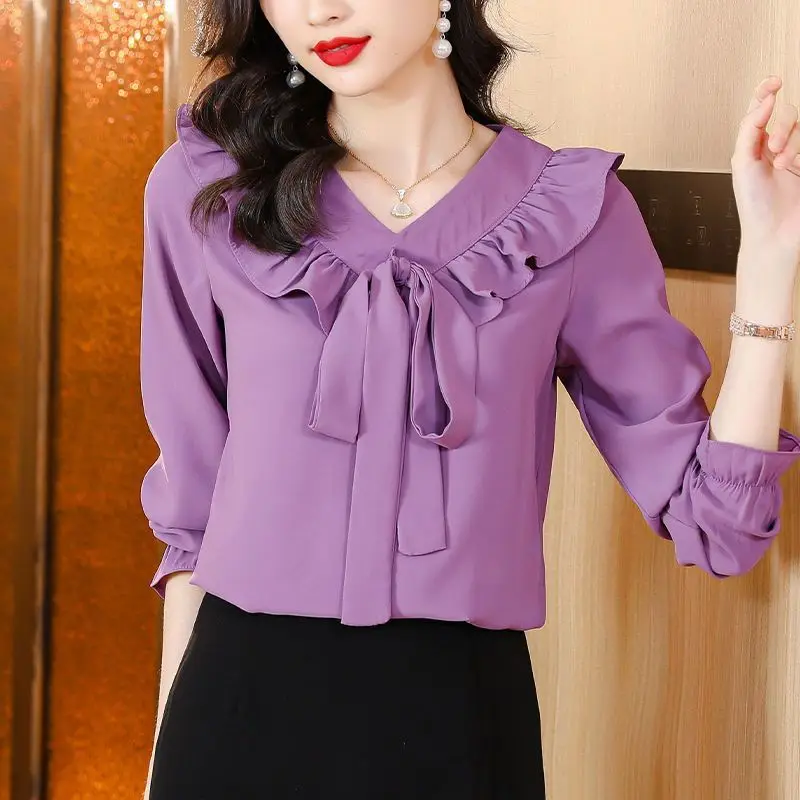 2023 Spring Autumn New Elegant Bow Solid Color Solid Color Long Sleeve Blouse Ladies Fashion Lacing Pullover Slim Women\'s Shirt