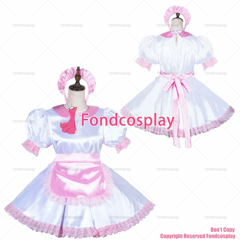 

fondcosplay adult sexy cross dressing sissy maid Lockable white Satin Dress apron CD/TV Peter Pan collar CD/TV[G3819]