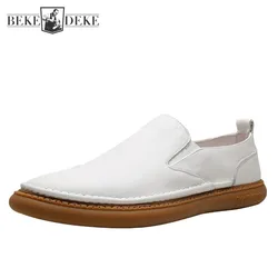 Harajuku Summer White Genuine Leather Mens Loafers Shoes Breathable Slip On Soft Male Casual Flat Sneakers Shoes Calzado Hombre